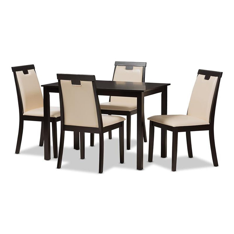 Beige Faux Leather Upholstered and Dark Brown Finished 5-Piece Dining Set