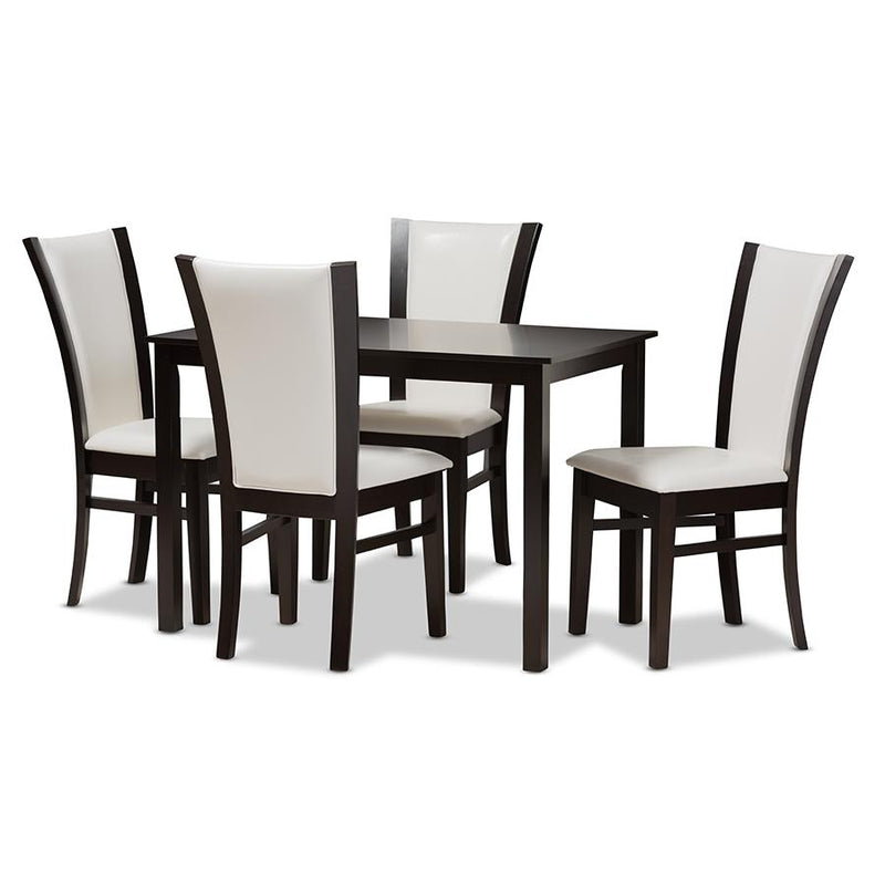 5-Piece Dark Brown Finished White Faux Leather Dining Set