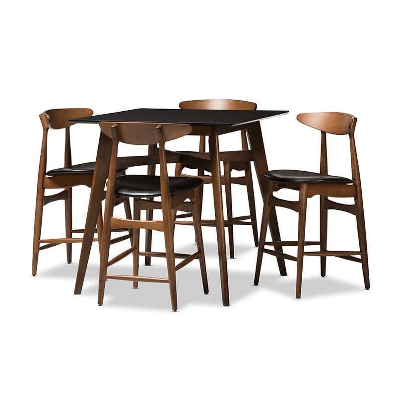 Black Faux-Leather Upholstered Walnut Finished 5-Piece Pub Set