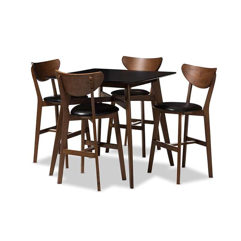 Leather Upholstered Walnut Finished 5-Piece Pub Set