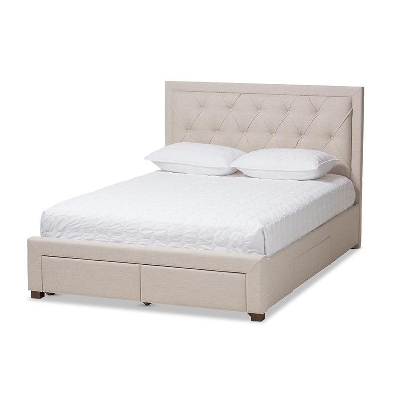 Light Beige Fabric Upholstered Queen Size Storage Bed