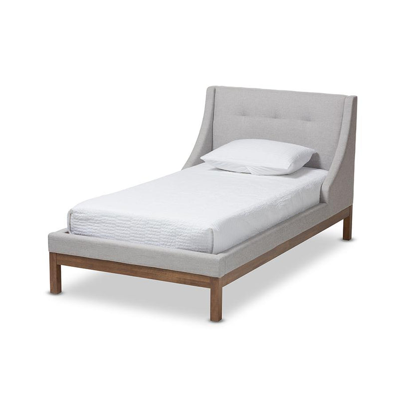 Greyish Beige Fabric Upholstered Walnut-Finished Twin Sized Platform Bed