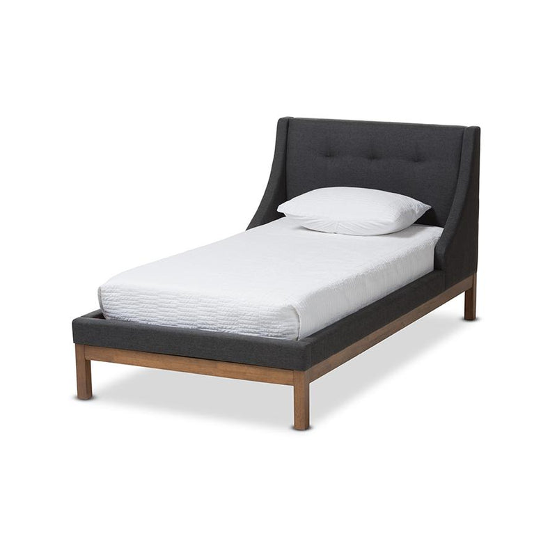 Dark Grey Fabric Upholstered Walnut-Finished Twin Sized Platform Bed