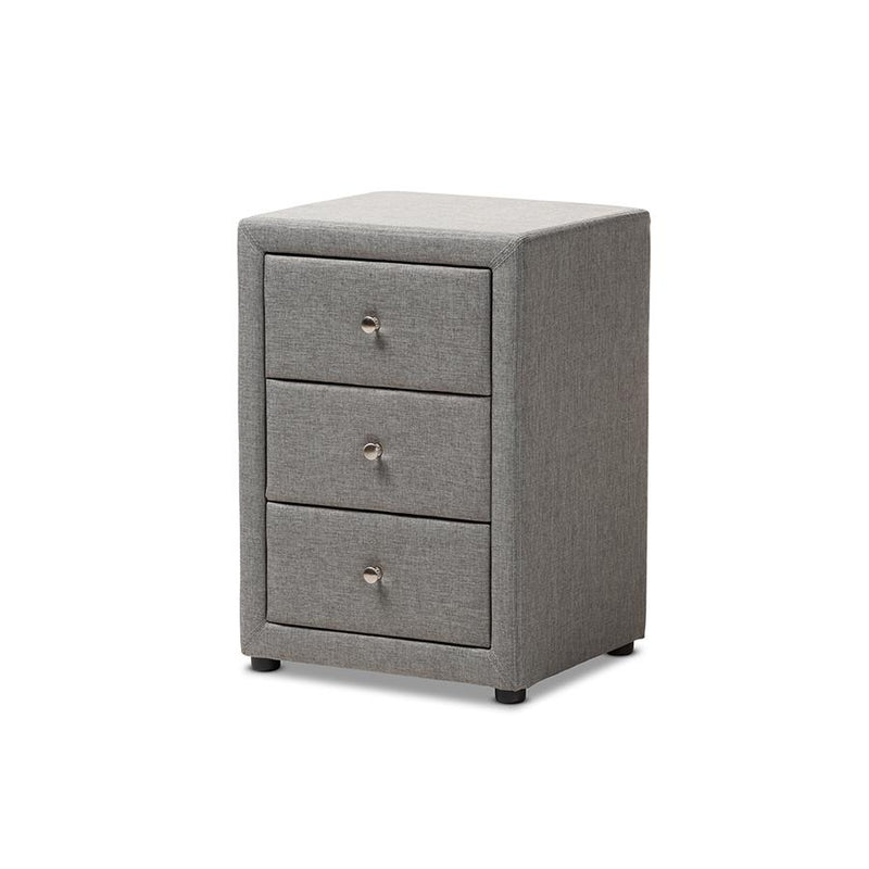 Tessa Modern and Contemporary Grey Fabric Upholstered 3-Drawer Nightstand