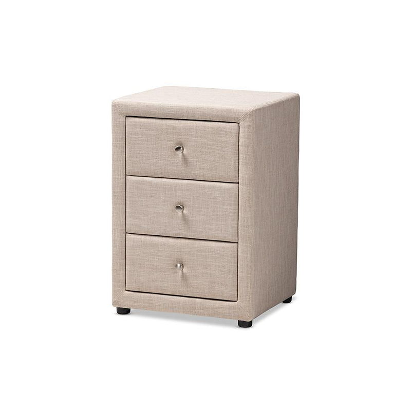 Tessa Modern and Contemporary Beige Fabric Upholstered 3-Drawer Nightstand