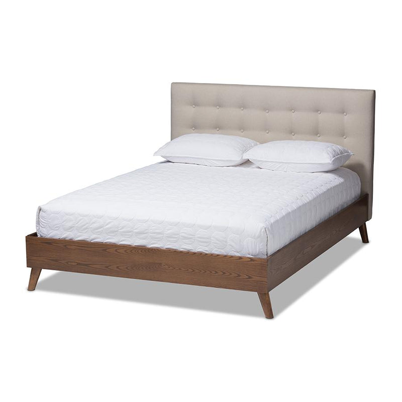 Light Beige Fabric Upholstered Walnut Wood King Size Platform Bed