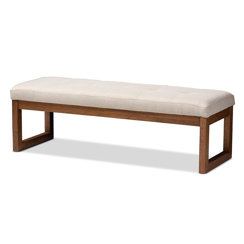 Light Beige Fabric Upholstered Walnut Brown Finished Wood Bench