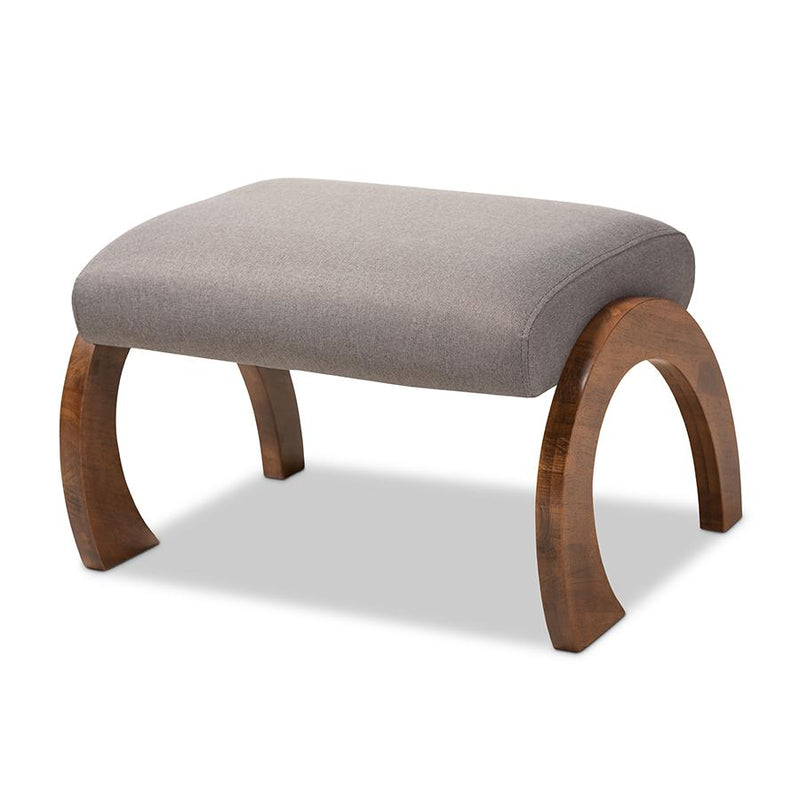 Grey Fabric Upholstered Walnut Brown Finished Wood Ottoman