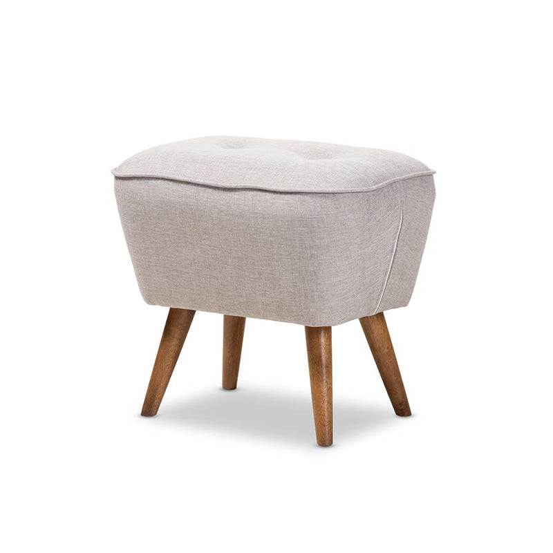 Greyish Beige Fabric Upholstered Walnut Brown Finished Wood Ottoman