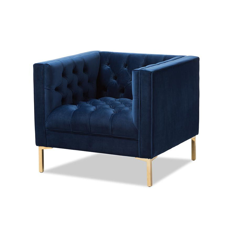 Zanetta Luxe and Glamour Navy Velvet Upholstered Gold Finished Lounge Chair