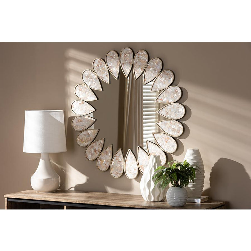 Antique Silver Finished Round Shell Petal Accent Wall Mirror