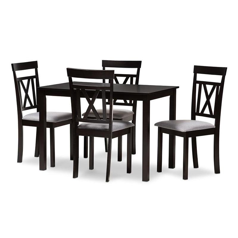 Espresso Brown Finished and Grey Fabric Upholstered 5-Piece Dining Set