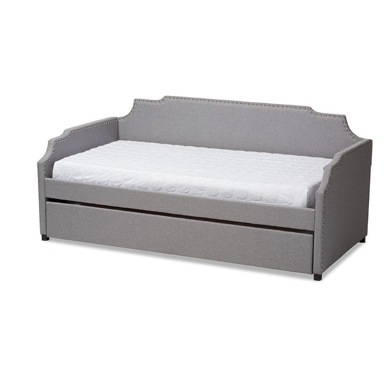 Grey Fabric Upholstered Twin Size Sofa Daybed with Roll Out Trundle Guest Bed