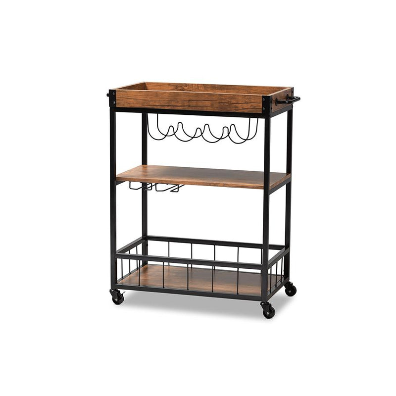 Black Finished Mobile Metal Bar Cart with Wine Bottle Rack