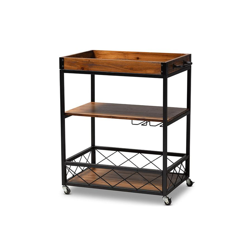 Black Finished Mobile Metal Bar Cart with Stemware Rack