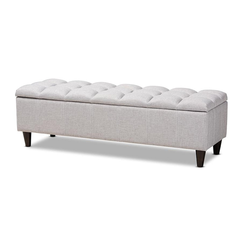 Grayish Beige Fabric Upholstered Dark Brown Finished Wood Storage Bench Ottoman