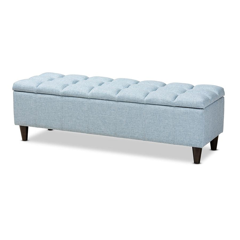 Light Blue Fabric Upholstered Dark Brown Finished Wood Storage Bench Ottoman