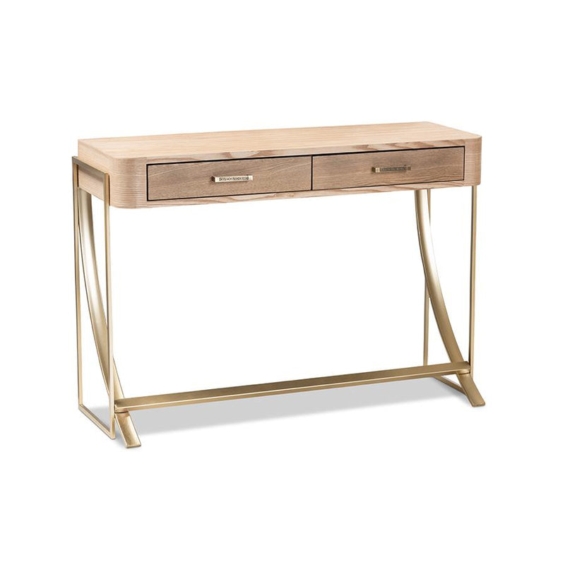 Natural Brown Finished Wood and Gold Finished 2-Drawer Console Table