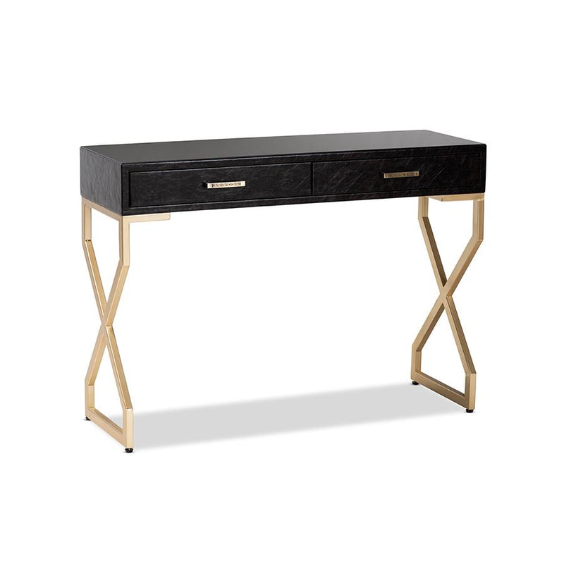 Dark Brown Faux Leather Upholstered Gold Finished 2-Drawer Console Table