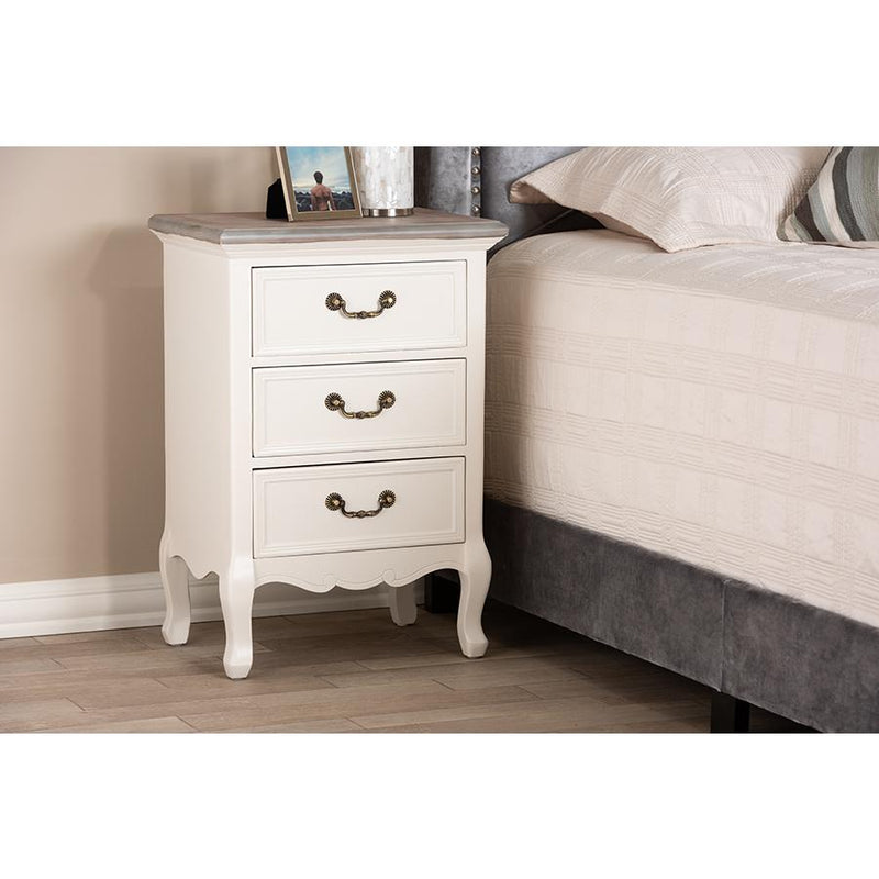 Baxton Studio Capucine Antique French Country Cottage Two Tone Natural Whitewashed Oak and White Finished Wood 3-Drawer Nightstand