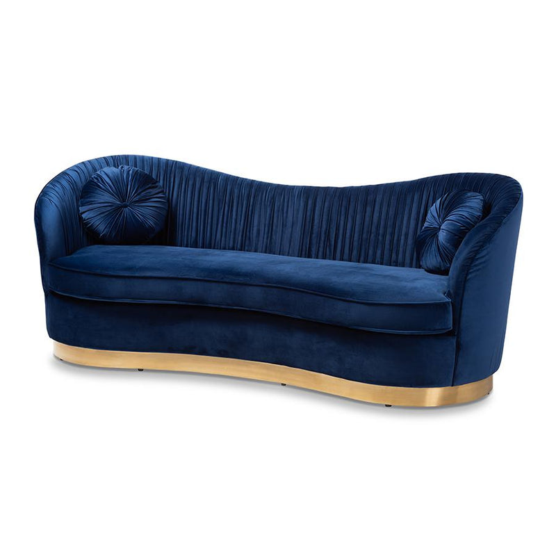 Nevena Glam Royal Blue Velvet Fabric Upholstered Gold-Finished Sofa