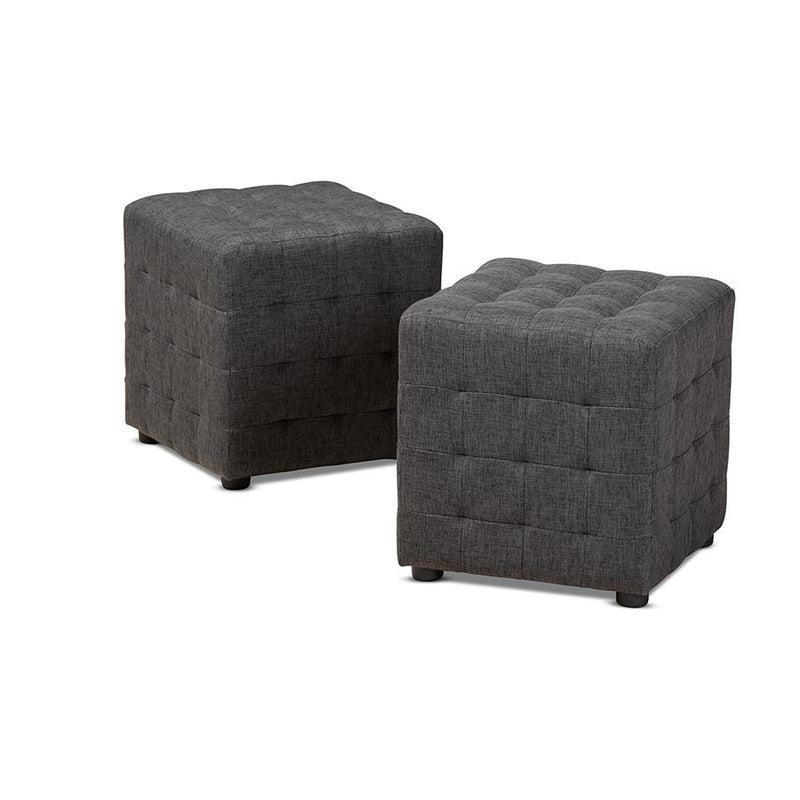 Dark Grey Fabric Upholstered Tufted Cube Ottoman Set of 2