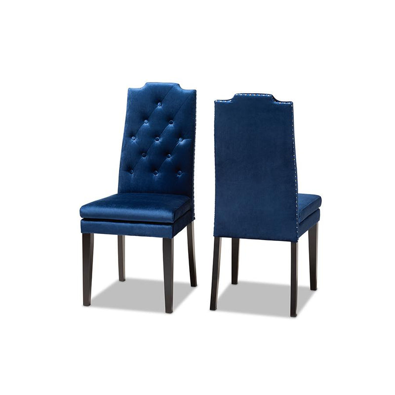 Navy Blue Velvet Fabric Upholstered Button Tufted Wood Dining Chair Set of 2