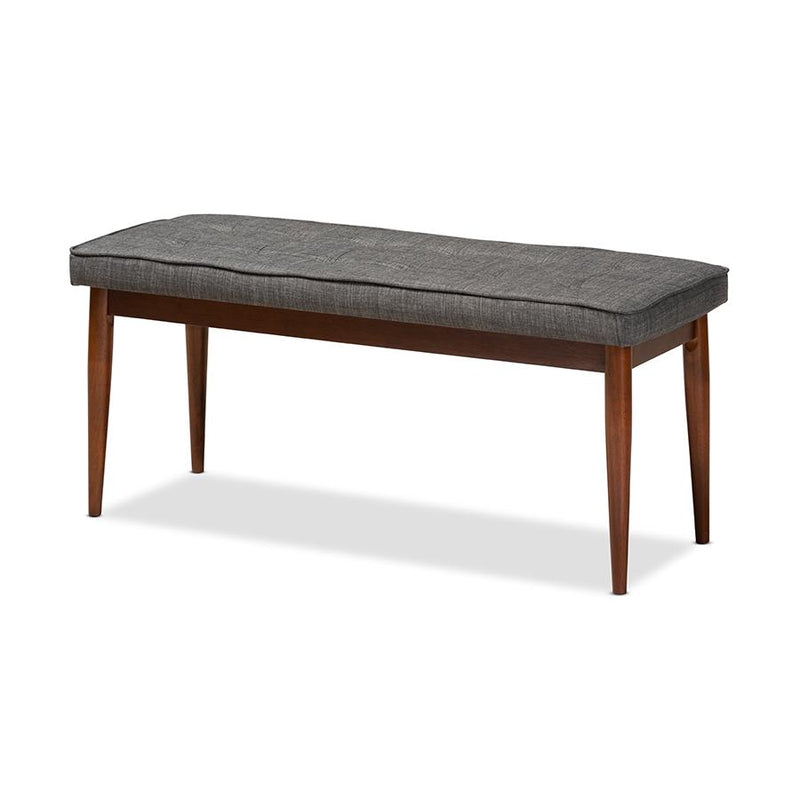 Dark Grey Fabric Upholstered Medium Oak Finished Wood Dining Bench