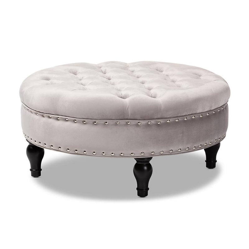 Transitional Grey Velvet Fabric Upholstered Button Tufted Cocktail Ottoman