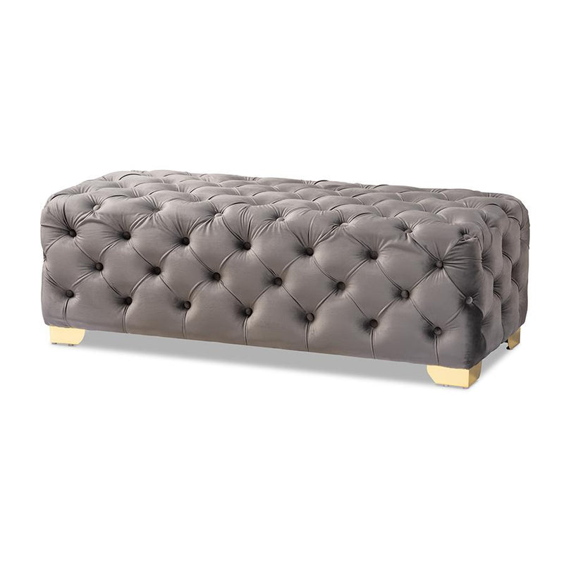 Luxe Gray Velvet Fabric Upholstered Gold Finished Button Tufted Bench Ottoman