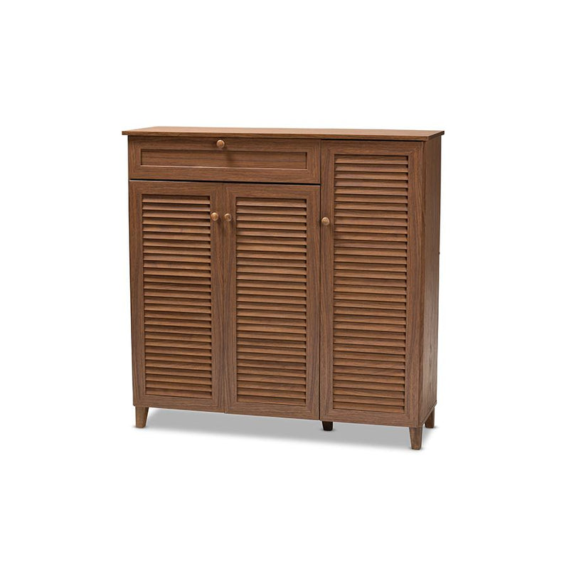 Walnut Finished 11-Shelf Wood Shoe Storage Cabinet with Drawer