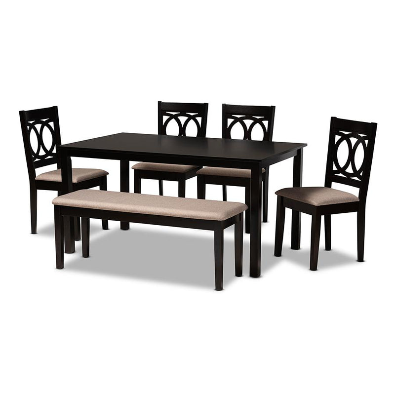 Sand Fabric Upholstered and Dark Brown Finished Wood 6-Piece Dining Set