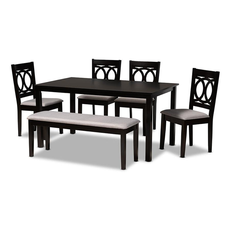 Grey Fabric Upholstered and Dark Brown Finished Wood 6-Piece Dining Set