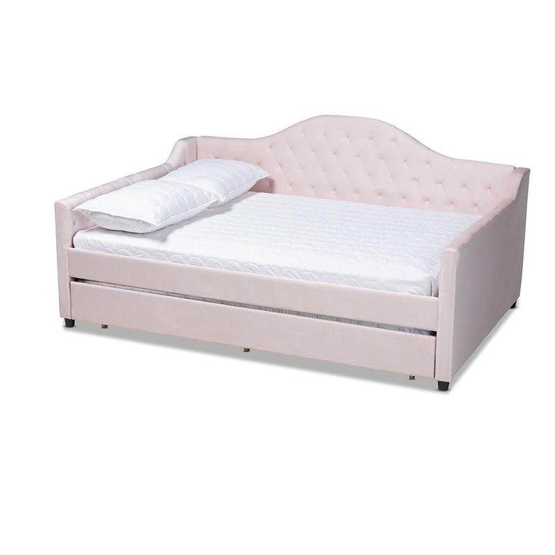 Baxton Studio Perry Modern and Contemporary Light Pink Velvet Fabric Upholstered and Button Tufted Full Size Daybed with Trundle