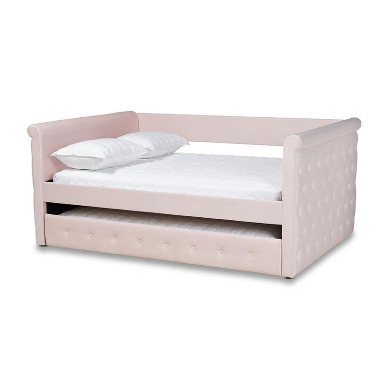 Light Pink Velvet Fabric Upholstered Full Size Daybed with Trundle