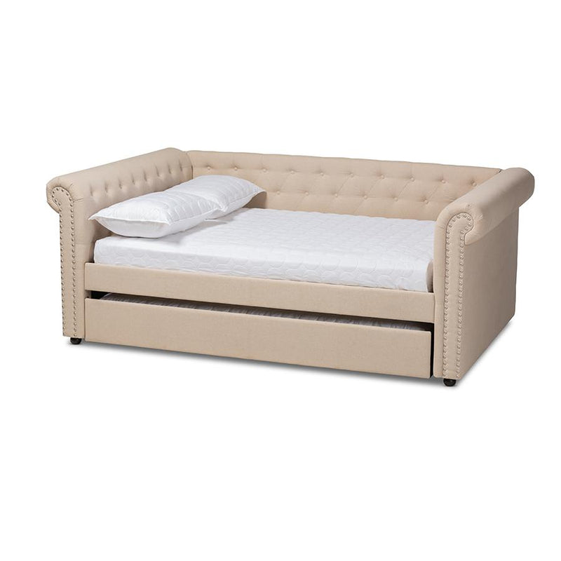 Beige Fabric Upholstered Full Size Daybed with Trundle