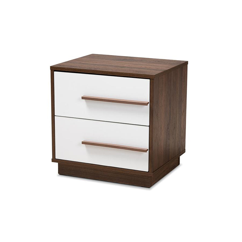 Two-Tone White and Walnut Finished 2-Drawer Wood Nightstand