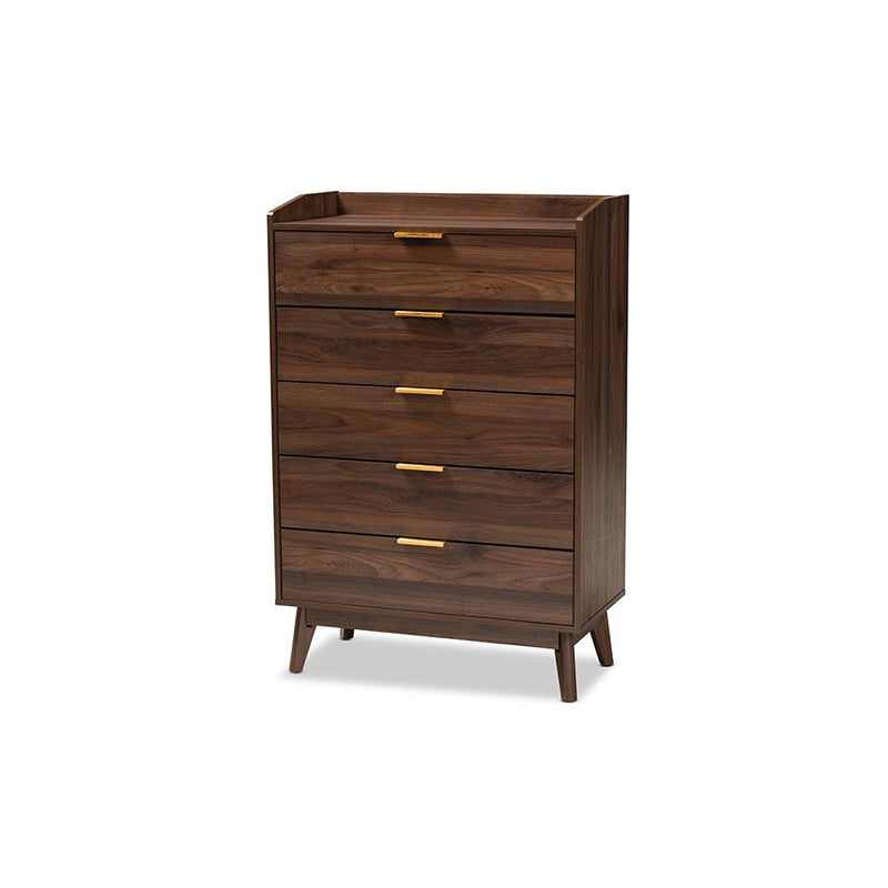 Lena Mid-Century Modern Walnut Brown Finished 5-Drawer Wood Chest