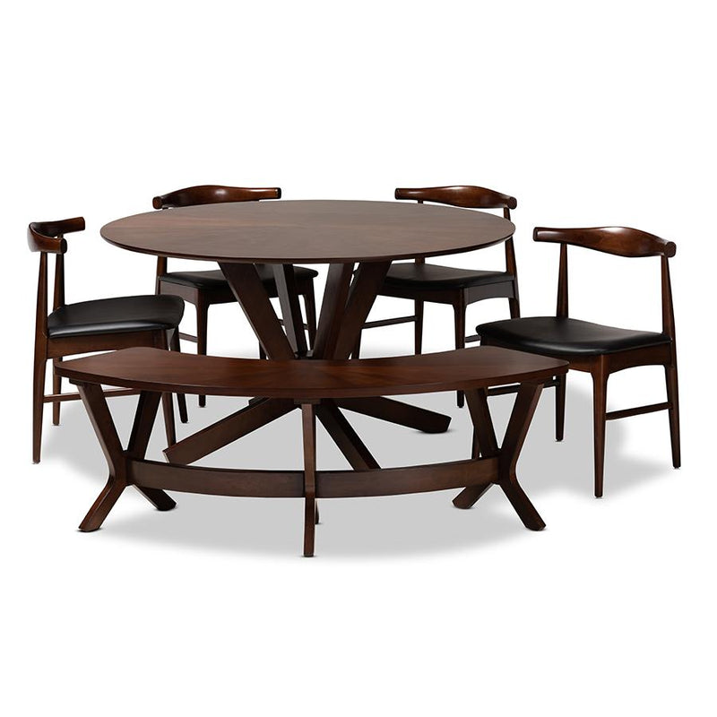 Leather Upholstered Walnut Finished 6-Piece Wood Dining Set