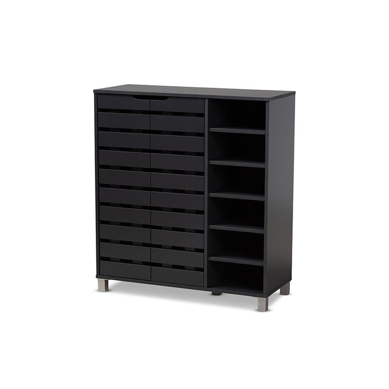 Dark Grey Finished 2-Door Wood Shoe Storage Cabinet with Open Shelves