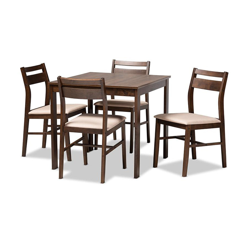 Beige Fabric Upholstered Dark Walnut-Finished 5-Piece Wood Dining Set