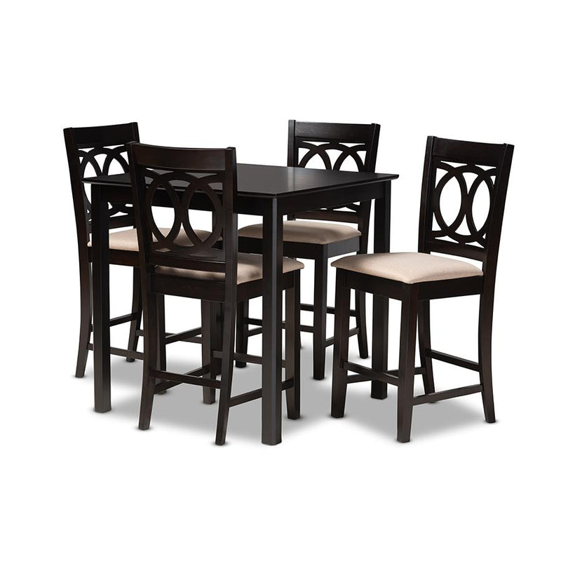 Sand Fabric Upholstered Espresso Brown Finished 5-Piece Wood Pub Set