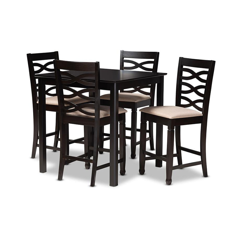 Sand Fabric Upholstered Espresso Brown Finished 5-Piece Wood Pub Set