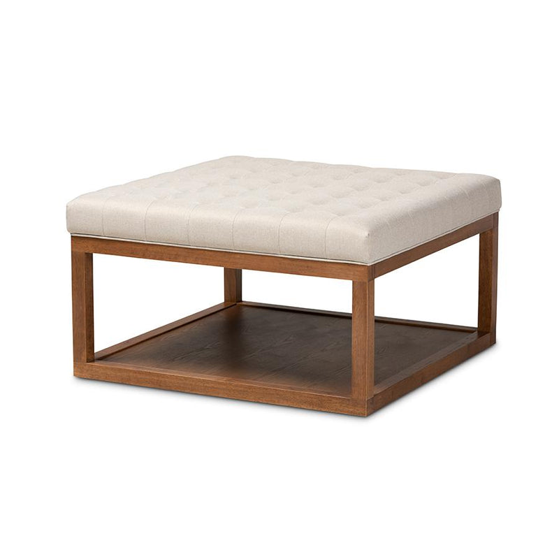 Beige Fabric Upholstered Walnut Finished Cocktail Ottoman