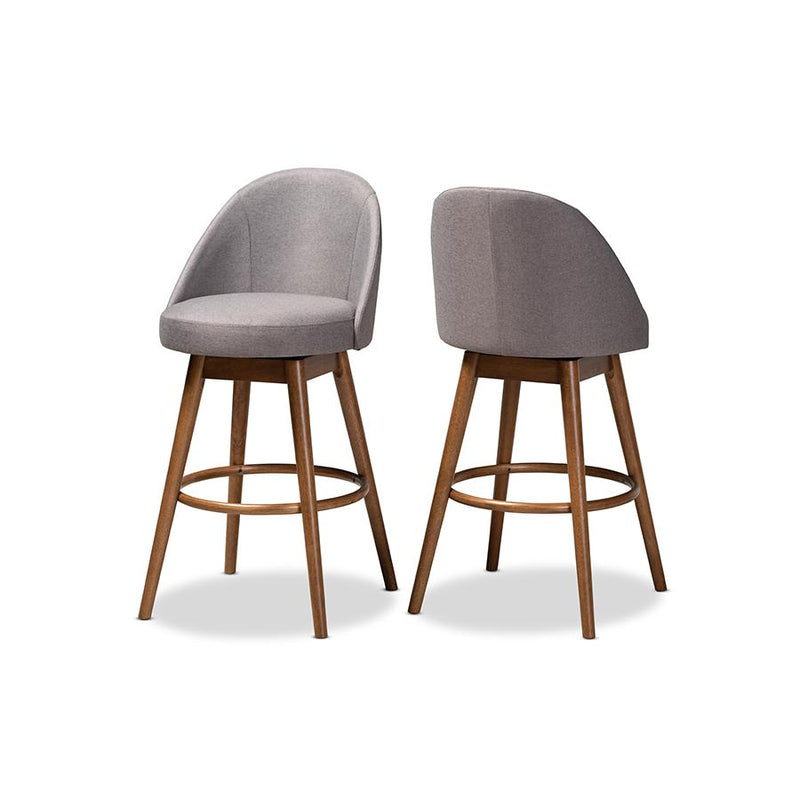 Grey Fabric Upholstered Walnut-Finished Wood Swivel Bar Stool Set of 2