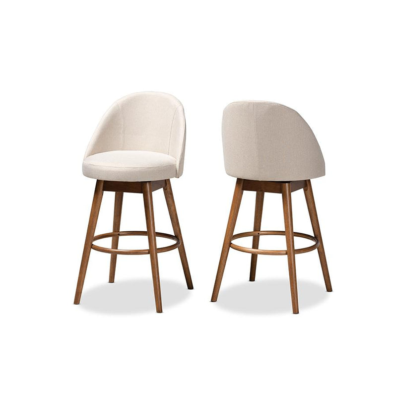 Light Beige Fabric Upholstered Walnut-Finished Wood 2-Piece Swivel Bar Stool Set