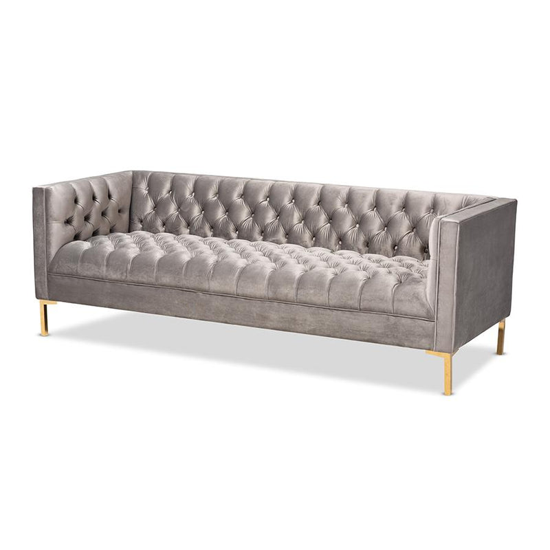 Baxton Studio Zanetta Glam and Luxe Gray Velvet Upholstered Gold Finished Sofa