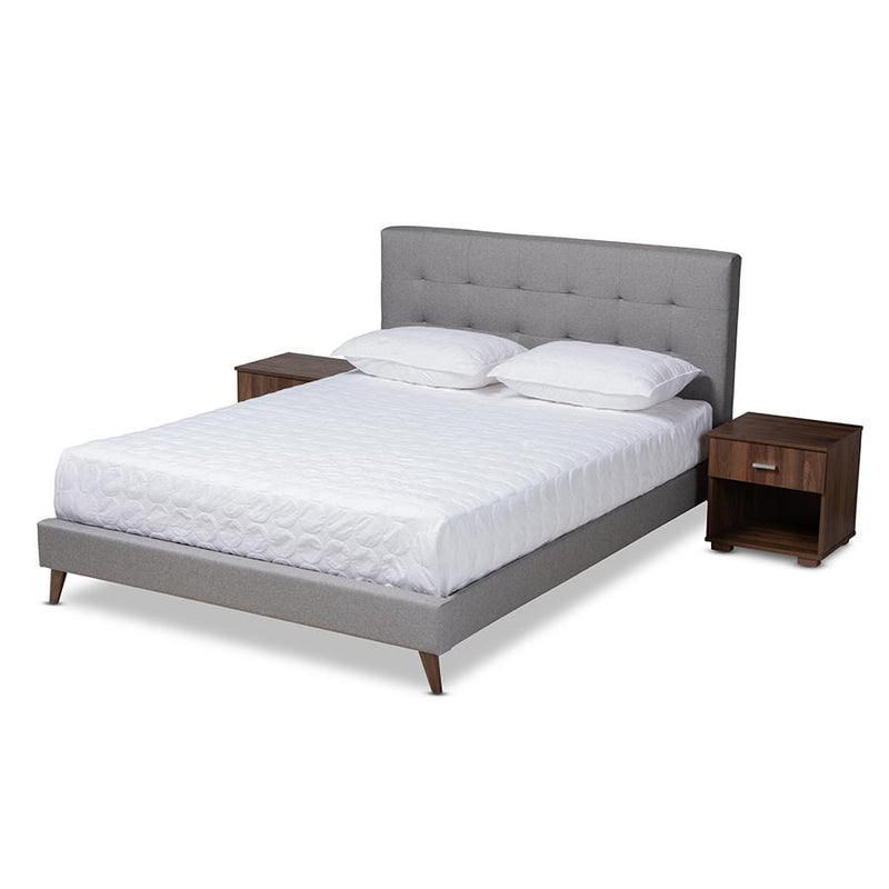 Light Grey Fabric Upholstered Queen Size Platform Bed with Two Nightstands