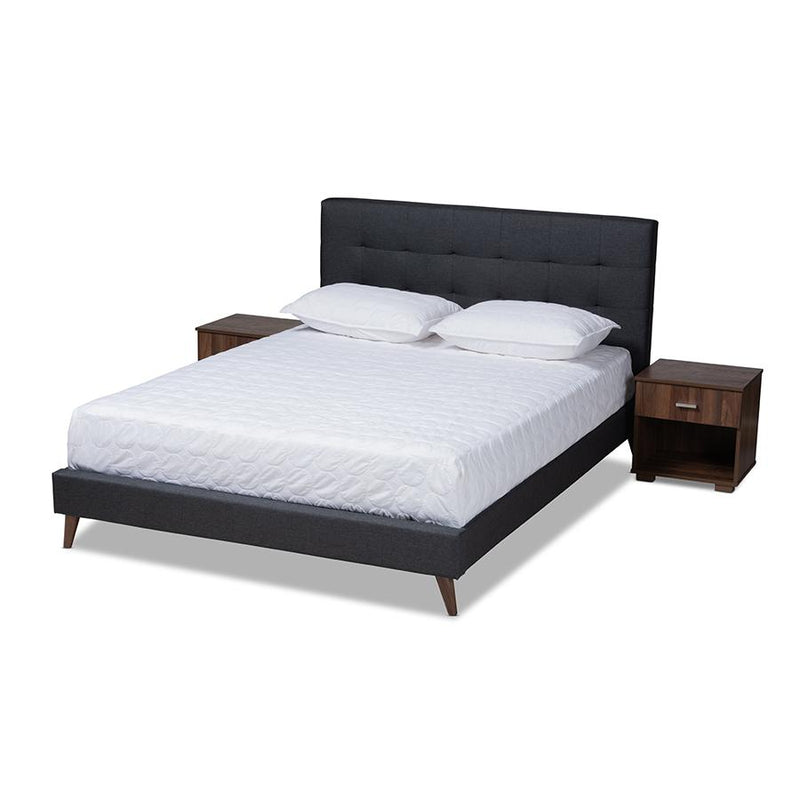 Dark Grey Fabric Upholstered Queen Size Platform Bed with Two Nightstands