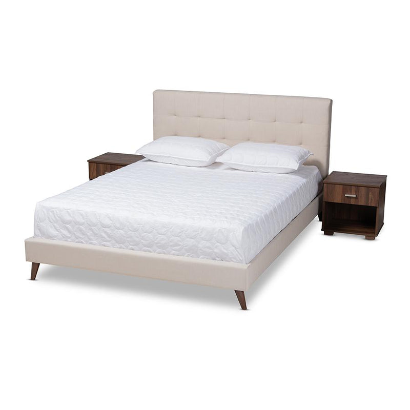 Beige Fabric Upholstered Queen Size Platform Bed with Two Nightstands